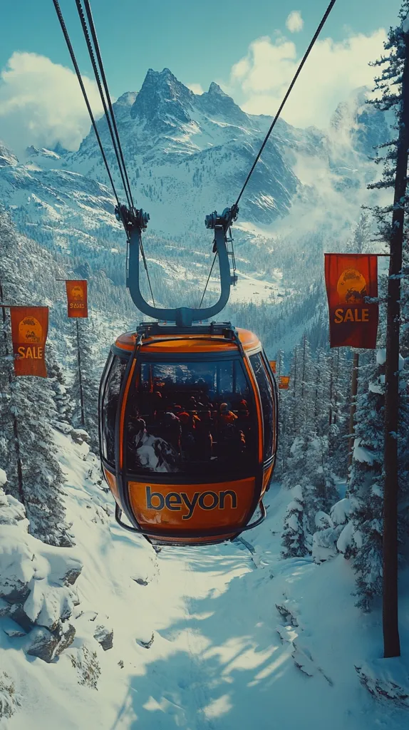 Here's a description of the image:

A vibrant orange gondola, emblazoned with the word "beyon," ascends a snowy mountainside.  The gondola is full of passengers, their forms visible through the glass.  It's suspended by cables stretching towards a dramatic, snow-capped mountain range under a bright, clear sky.  Flanking the cable are snow-covered evergreens, and several small flags advertising a "SALE" are visible along the route.  The overall scene is one of exhilarating winter adventure in a stunning mountainous location.