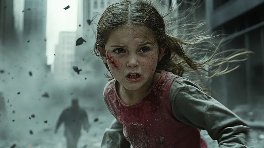 A young girl, her face and clothes smeared with blood, runs through a debris-strewn city street.  Her expression is one of fierce determination, her hair whipping in the wind.  The background is blurry but shows a desolate urban landscape with crumbling buildings and a shadowy figure in the distance. The overall tone is dark and gritty, suggesting a post-apocalyptic or disaster setting. The image focuses on the girl's resilience and strength amidst chaos.
