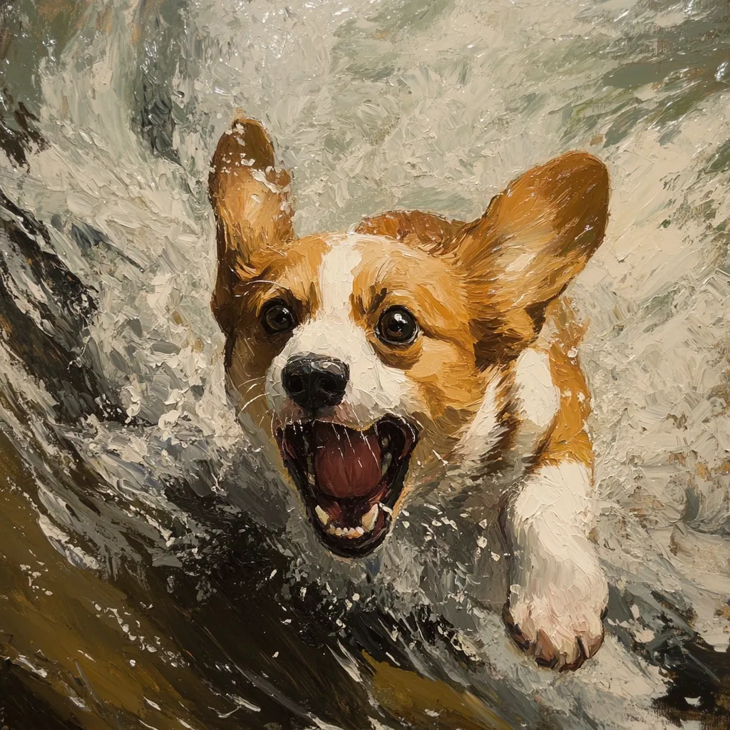 Here's a description of the image:

The painting depicts a corgi dog exuberantly leaping through a churning wave. The dog's mouth is open in a joyful bark or yelp, its eyes wide with excitement.  The impasto style of the painting gives the water a dynamic, textured feel, emphasizing the motion and energy of the scene. The dog's fur is rendered with visible brushstrokes, showcasing both the texture and the color variations. The overall color palette is warm, dominated by browns and creams, contrasting with the cool whites and grays of the water. The artwork captures a moment of pure canine exhilaration.