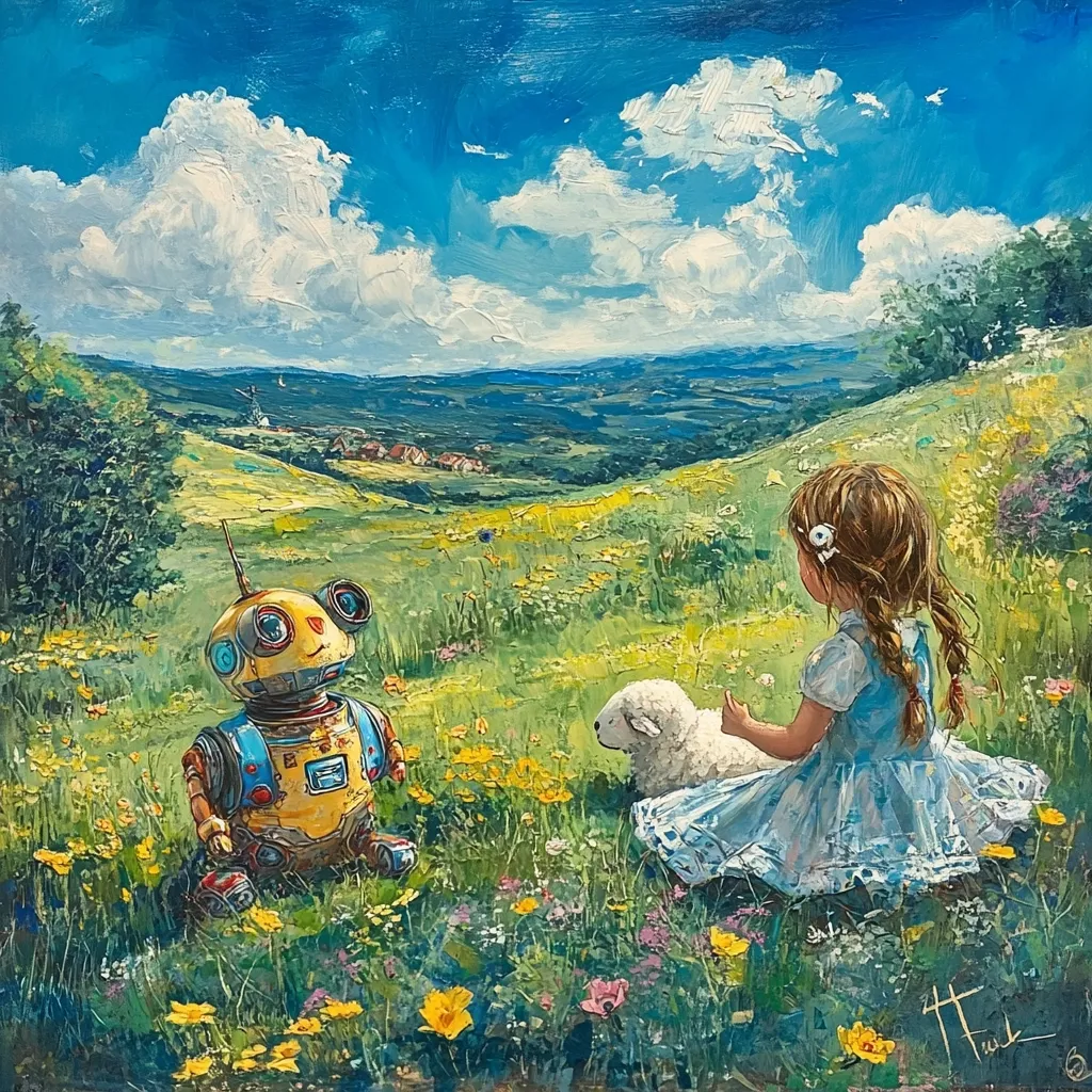 A whimsical painting depicts a young girl in a light blue dress seated in a vibrant meadow, accompanied by a small lamb and a friendly-looking yellow and blue robot.  The scene is idyllic, with wildflowers in bloom and a picturesque valley rolling into the distance under a bright, cloudy sky. The girl's peaceful expression and the gentle interaction between the characters suggest a tranquil and heartwarming narrative. The artist's style is impressionistic, with visible brushstrokes adding texture and depth to the landscape.