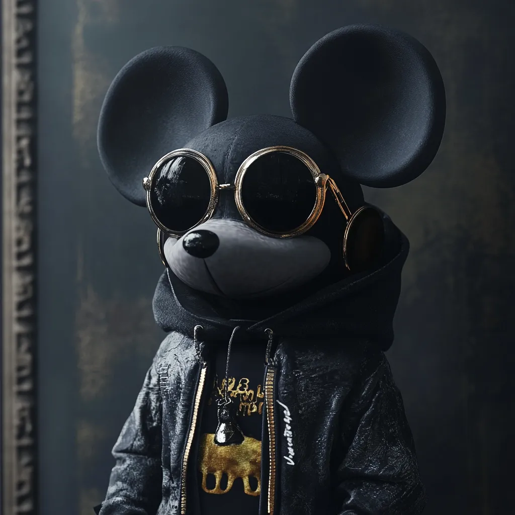 Here's a description of the image:

Close-up view of a stylized Mickey Mouse figure.  The figure is predominantly dark gray or black, with large, round, oversized gold-rimmed sunglasses.  It wears a dark hooded jacket with a textured, possibly leather or faux-leather, finish.  A gold zipper and subtle gold detailing are visible on the jacket. A glimpse of a dark shirt with gold graphics underneath is seen. The background is a blurred dark gray, providing a stark contrast to the figure. The overall style is dark, edgy, and fashion-forward, suggesting a high-end or streetwear aesthetic.