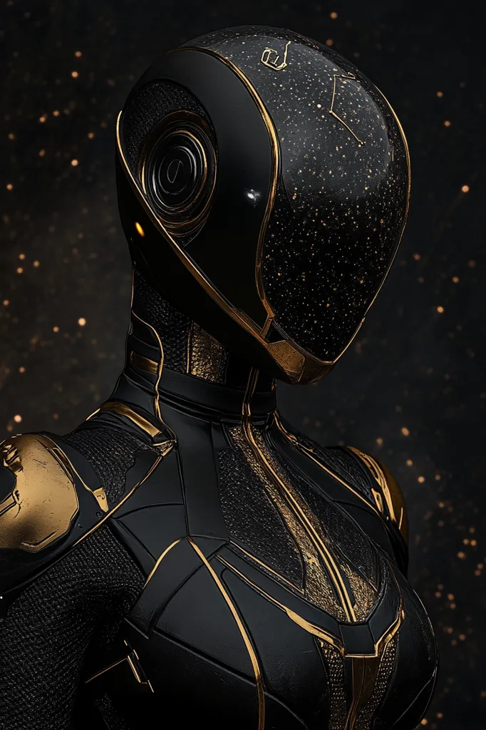 The image shows a close-up of a female figure wearing a futuristic, sleek suit. The suit is primarily black with gold accents, appearing to be made of a textured material.  The helmet is a significant feature, featuring a dark, almost black-gold speckled finish and circular detailing.  The background is a dark, space-like setting with scattered golden particles, enhancing the futuristic and elegant aesthetic.  The overall impression is one of high-tech sophistication and possibly a science fiction or fantasy setting.