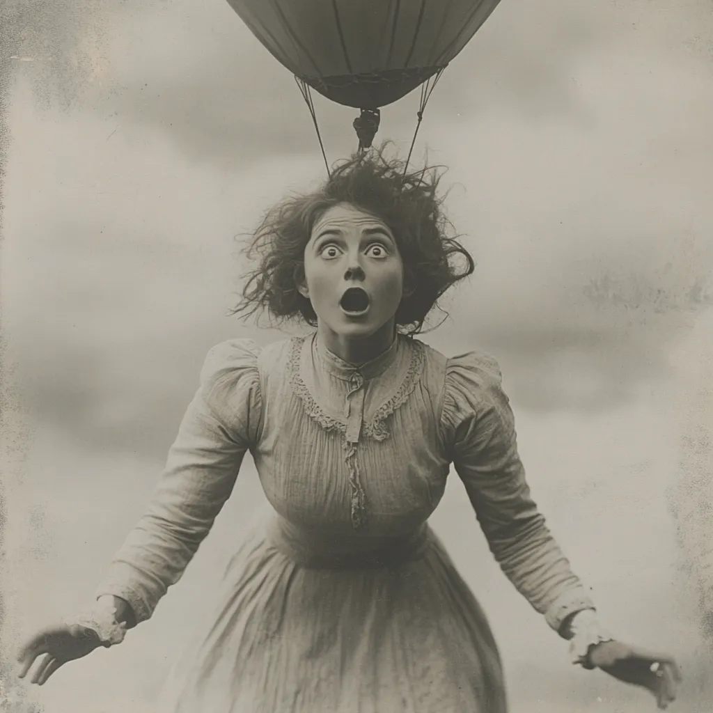 A sepia-toned photo depicts a woman in a long-sleeved dress, mouth agape in surprise. Her windblown hair suggests motion. Directly above her, a hot air balloon floats, its gondola slightly visible.  The woman’s expression is one of shock or disbelief, perhaps indicating an unexpected ascent. The image evokes a sense of vintage adventure and dramatic surprise.