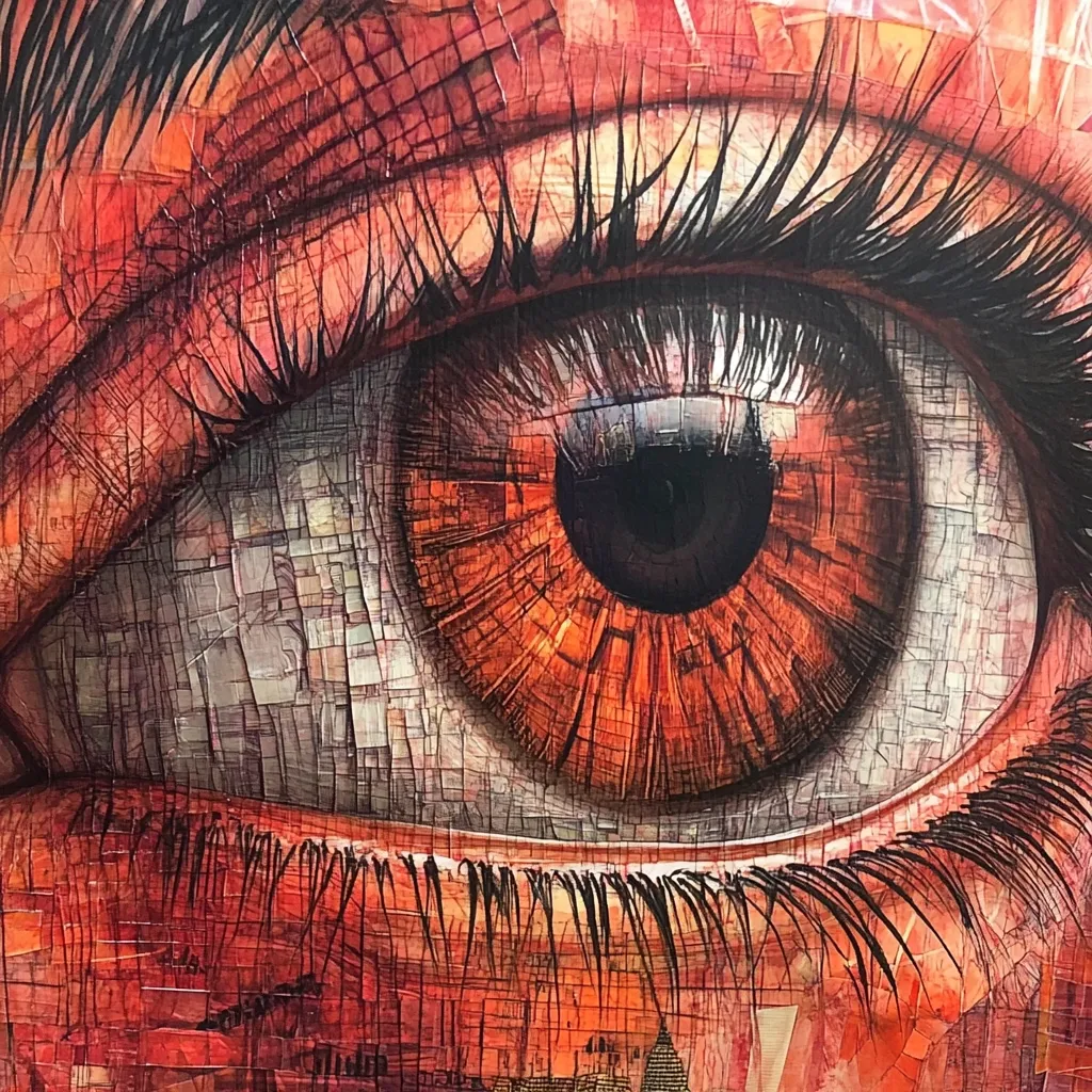 Here is a description of the image:

The image is a close-up of a highly detailed artistic rendering of a human eye.  The style is reminiscent of cubism or mosaic art, with the eye and surrounding skin composed of many small, fragmented, geometric shapes in shades of orange, red, and grey.  The lines defining the eyelashes and the iris are sharp and precise, contrasting with the fractured texture of the skin.  The overall effect is intense and captivating, drawing the viewer into the depth and intricacy of the artwork. The colors are warm and fiery, dominating the composition.
