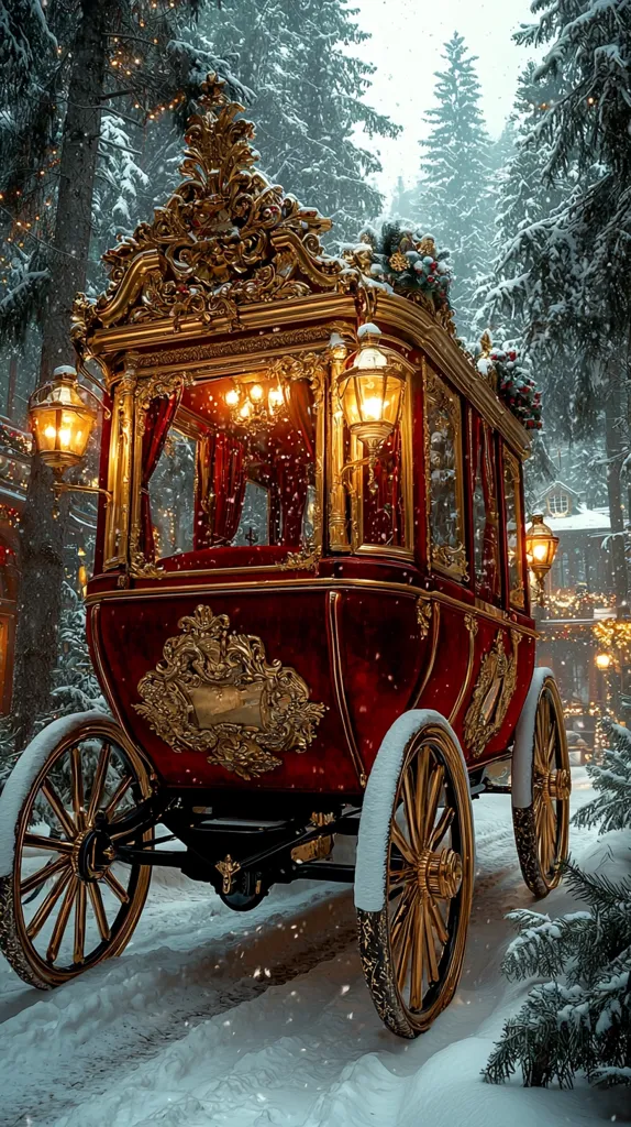 A regal, red and gold carriage, adorned with ornate detailing, sits in a snowy winter scene.  Snow lightly falls as the carriage, illuminated by interior and exterior lanterns, rests on a snow-covered road.  Tall, snow-laden pine trees form a picturesque backdrop, creating a magical, almost fairytale-like ambiance.  The carriage's rich colors and elaborate design stand in stunning contrast to the winter wonderland.