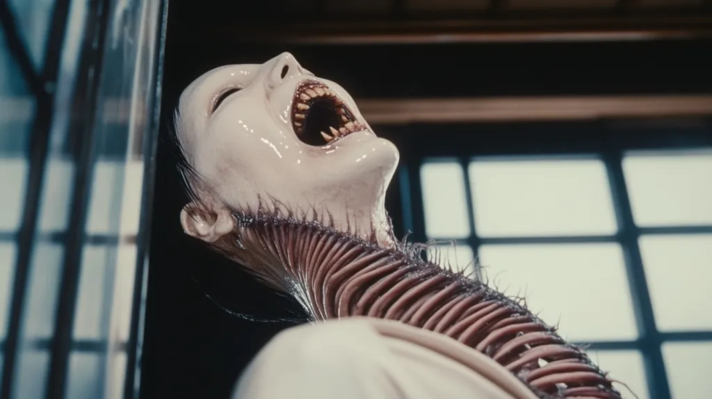 Here's a description of the image:

The image shows a close-up of a creature's head and neck.  Its pale, almost translucent skin is stretched taut, revealing a disturbingly intricate network of what appears to be muscle or sinew beneath the surface, particularly along its elongated neck. The creature's mouth is agape, displaying numerous sharp teeth.  Its expression is one of extreme agony or terror.  The background is blurred but shows a dark interior space with a window featuring a gridded pattern. The overall impression is one of horror and grotesque beauty.