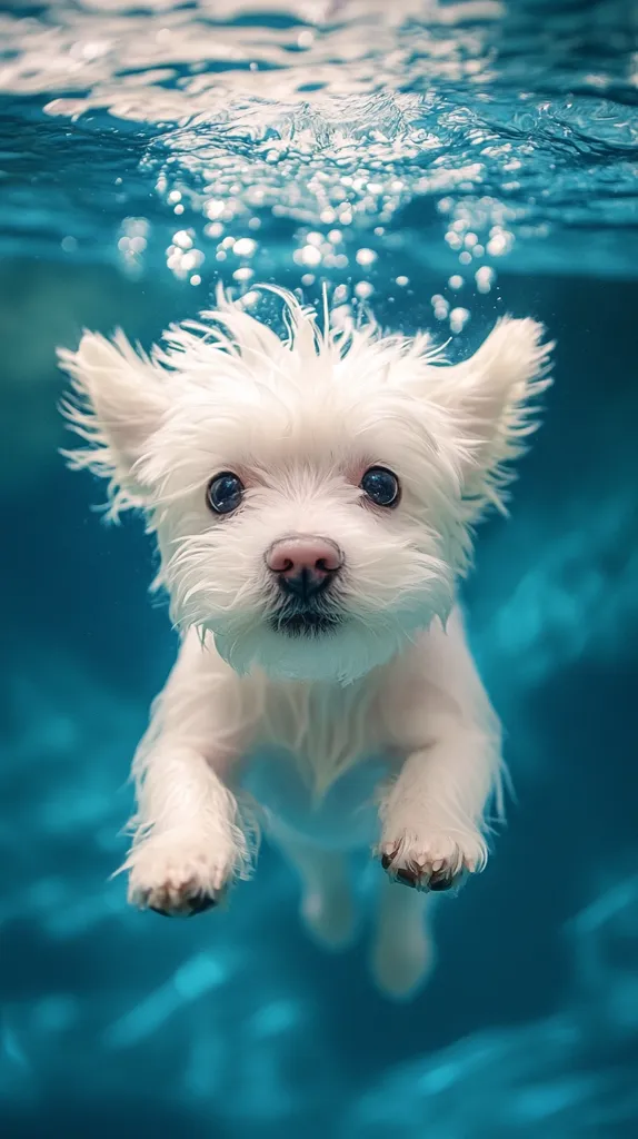 A small, fluffy white dog, possibly a Maltese, is captured mid-swim underwater.  Bubbles rise around its head as it looks directly at the camera with a curious expression. The dog's white fur contrasts beautifully against the vibrant turquoise water. The image is sharply focused on the dog, while the background is slightly blurred, emphasizing the underwater setting and the dog's playful activity. The overall mood is one of cheerful innocence and aquatic adventure.