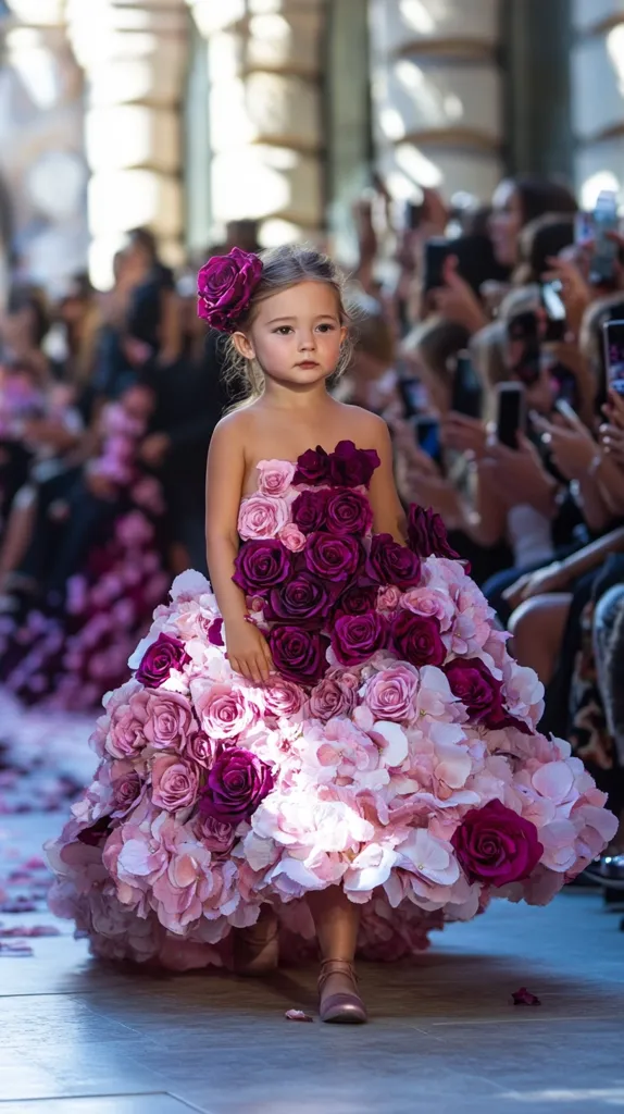 A young girl, adorned with a dark pink flower in her hair, walks a runway in a breathtaking dress.  The dress, a masterpiece of floral design, is entirely constructed from cascading layers of pink and deep purple roses, creating a voluminous, romantic silhouette.  The model's expression is serious and focused as she navigates the catwalk, surrounded by a blurred background of onlookers and photographers capturing the moment.  The overall effect is one of elegant childhood charm and high fashion.
