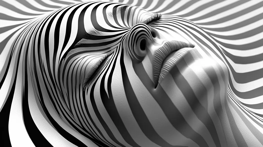 Here's a description of the image:

The image is a striking black and white close-up of a woman's face.  Her eyes are closed, and her expression is serene.  The face is overlaid with swirling, zebra-like stripes creating a mesmerizing optical illusion. The stripes curve and flow across her features, blending seamlessly with her skin tone. The contrast between black and white is sharp and defined, enhancing the overall dramatic effect. The image evokes a sense of both beauty and surrealism.