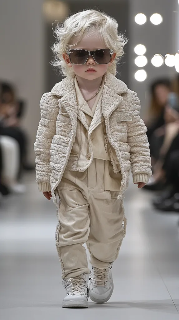 A toddler, with platinum blonde hair, confidently strides down a runway.  They're dressed in a stylish, oversized cream-colored fuzzy jacket and matching pants, creating a monochromatic ensemble.  The child sports dark sunglasses, adding to their chic appearance.  The outfit features distressed detailing, giving it a fashionable edge.  The model's white high-top sneakers complete the look, showcasing a blend of youth and high fashion.