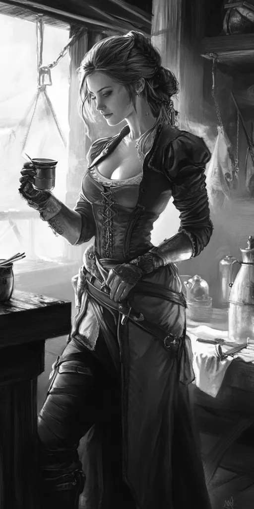 A grayscale illustration depicts a woman, possibly a fantasy character, standing in a rustic kitchen. She is dressed in a corset-like top and long, dark pants, accented with buckles and straps suggesting a practical, possibly adventurous lifestyle. Her hair is neatly styled, and she holds a small cup, appearing thoughtful or pensive.  The background hints at a cluttered, lived-in space with various containers and tools, adding to the overall atmosphere of a story or narrative. The lighting and shading create a dramatic and moody effect.
