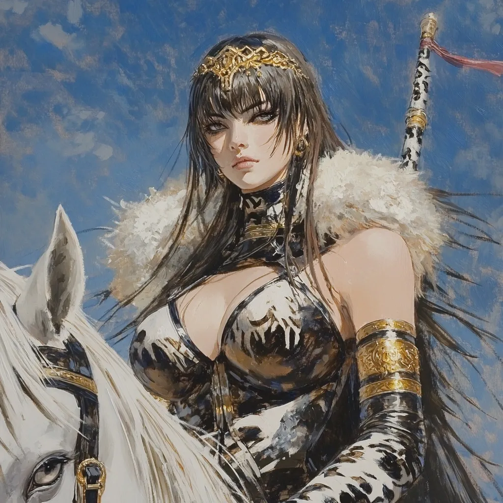 A striking painting depicts a regal woman astride a white horse against a vibrant blue sky.  She possesses long, dark hair, a golden crown, and a low-cut, ornate dark bodice adorned with gold accents.  A fur-trimmed cloak adds to her regal appearance. Her expression is serious and commanding.  A sword, partially visible, rests at her side, hinting at her strength and possibly warrior status. The artistic style is painterly and expressive, with visible brushstrokes adding texture and depth.