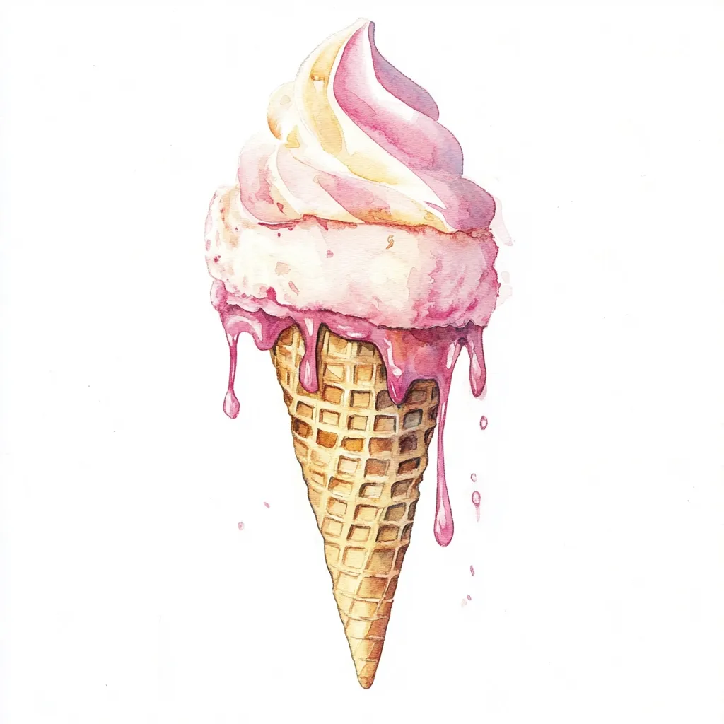 Here's a description of the image:

A watercolor painting depicts a melting ice cream cone. The ice cream is a swirl of pale yellow and pink, with the pink melting down the sides of the waffle cone. The melted ice cream drips in thick, glossy streams, with small droplets splattering below. The cone itself is a light brown, with a detailed waffle texture. The style is whimsical and slightly stylized, with a focus on the soft, flowing textures of the melting ice cream.  The background is pure white, making the ice cream cone the sole focus.