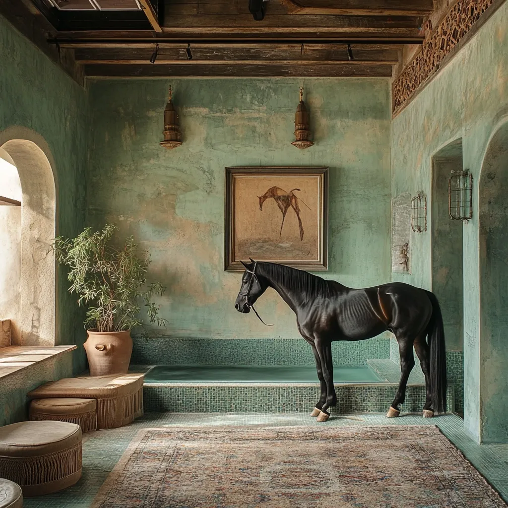 A black horse stands calmly in a beautifully rustic room.  The walls are a faded teal, textured with age, and adorned with a painting of a horse.  The floor is tiled, with an ornate rug centered beneath the horse.  A built-in turquoise tiled basin sits behind the horse, and  ornate  lighting fixtures and potted plants complete the scene, creating a unique, almost ethereal atmosphere.  The overall aesthetic is one of refined, aged elegance.