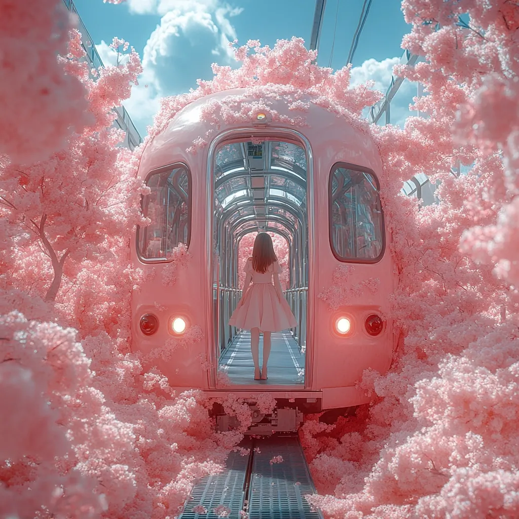 A whimsical, digitally-created image depicts a pastel pink train nestled within a vibrant, blossoming pink cherry tree forest.  A young woman in a light pink dress stands at the open doorway of the train, her back to the viewer, seemingly contemplating her journey. The overall aesthetic is dreamy and surreal, with a soft, ethereal quality enhanced by the consistent pink palette and sunlit sky. The scene evokes a sense of wonder and gentle adventure.