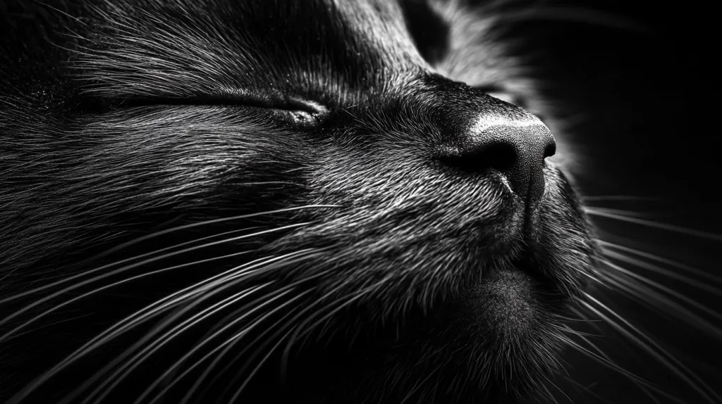 Here's a description of the image:

The black and white close-up shot captures the delicate features of a black cat's face.  Its eyes are gently closed, suggesting a peaceful slumber.  The photograph emphasizes the texture of the cat's fur, from the soft, dark shading around its eyes to the individual whiskers extending outward.  The cat's nose is sharply defined, adding contrast to the overall darkness of the image.  The focus is remarkably sharp, highlighting the fine details of the cat's facial features and fur. The overall mood is serene and intimate.