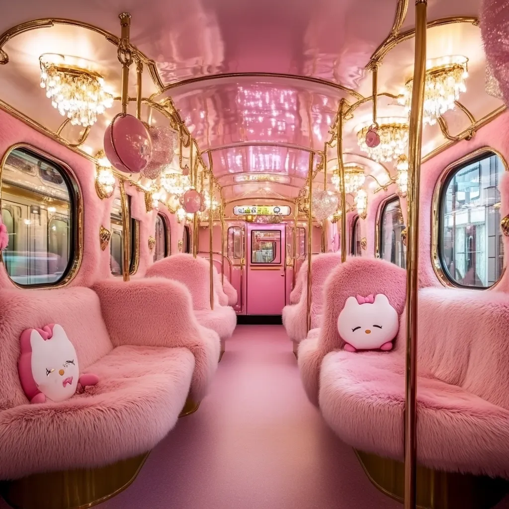 Here's a description of the image:

The image shows the interior of a subway car, completely decked out in a luxurious, pink Hello Kitty theme.  Fluffy pink fur covers the seats and walls, while gold accents and crystal chandeliers add a touch of elegance.  Hello Kitty plush toys sit on the seats, enhancing the whimsical atmosphere. The overall effect is one of extreme girlishness and opulence, creating a fantastical and playful space. The pink color is dominant, creating a visually striking and cohesive aesthetic.