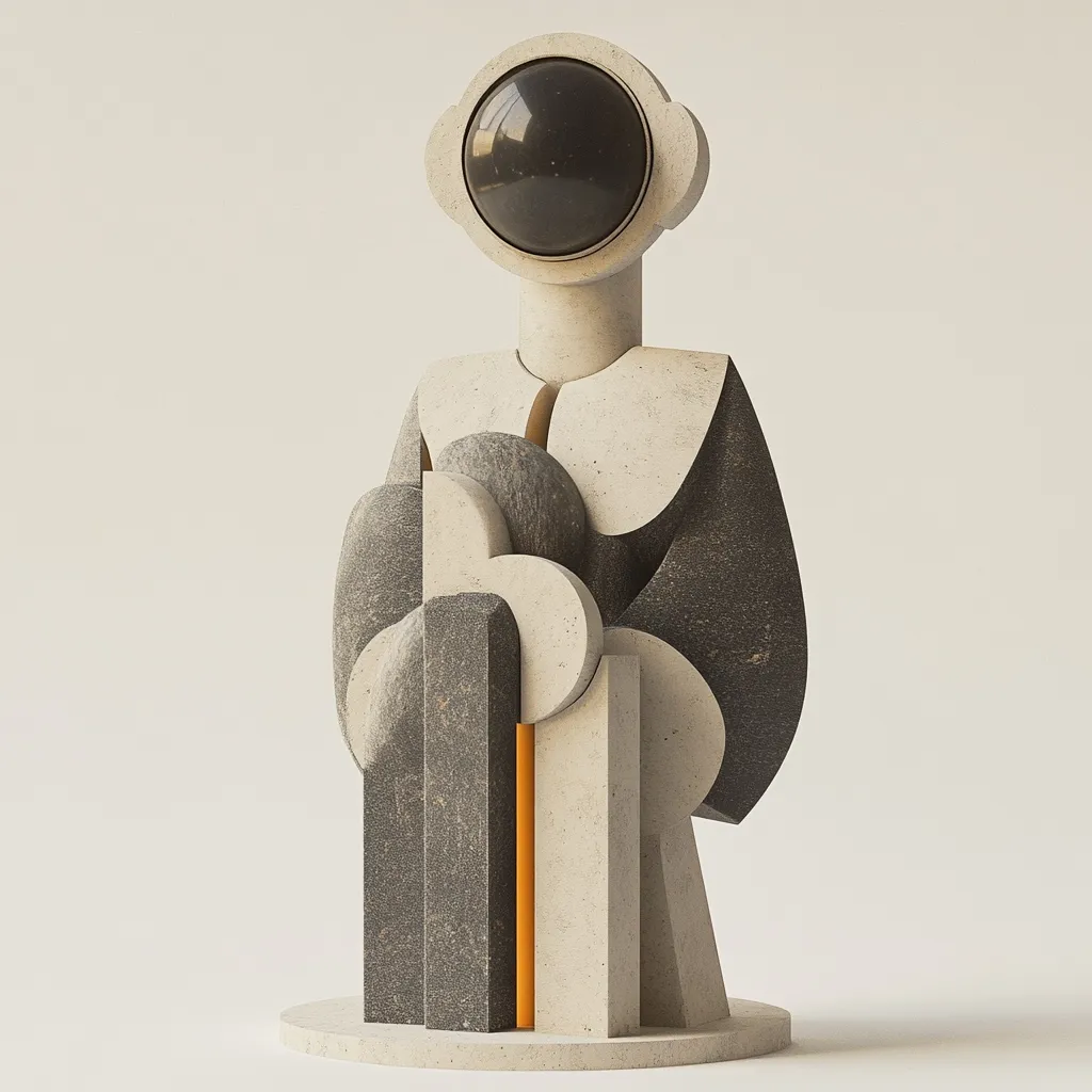 The image shows an abstract sculpture resembling a stylized figure.  The figure is composed of geometric shapes in shades of gray and beige, with a prominent circular dark element representing a head or face. The style is minimalist and modern, possibly influenced by constructivism or geometric abstraction. The texture appears coarse, like stone or concrete. The figure stands on a small circular base, creating a sense of stillness and contemplation.  The overall effect is one of quiet elegance and intriguing form.