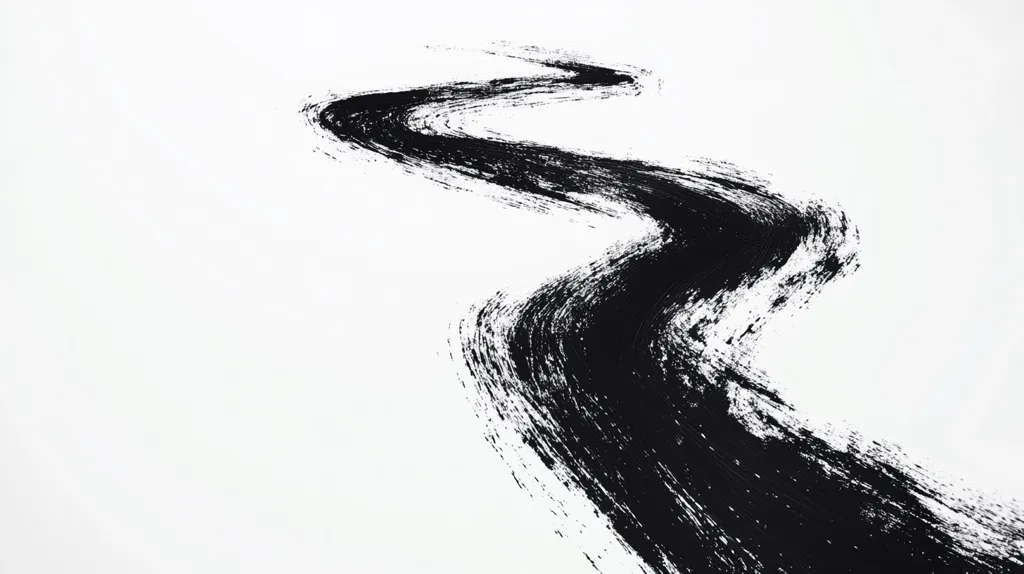 The image is an abstract black and white artwork. A thick, dark black stroke, resembling a river or path, meanders across a stark white background.  The brushstrokes are visible, creating a textured and dynamic effect. The path curves and flows, suggesting movement and fluidity. The stark contrast between the black and white emphasizes the form of the painted line.  The composition is simple yet visually captivating.