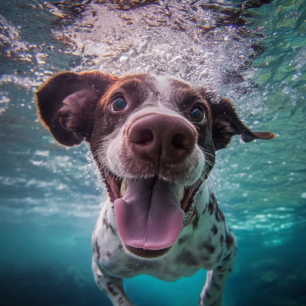 Here's a description of the image:

An underwater close-up captures a dog, seemingly a liver-and-white pointer mix, swimming with joyful abandon.  Its tongue hangs out, eyes wide and expressive, reflecting the surrounding blue-green water.  Bubbles rise around its head, adding to the sense of movement and playfulness. The dog's face is the focal point, sharply in focus against a softly blurred background of water. The overall impression is one of pure canine happiness and aquatic adventure.