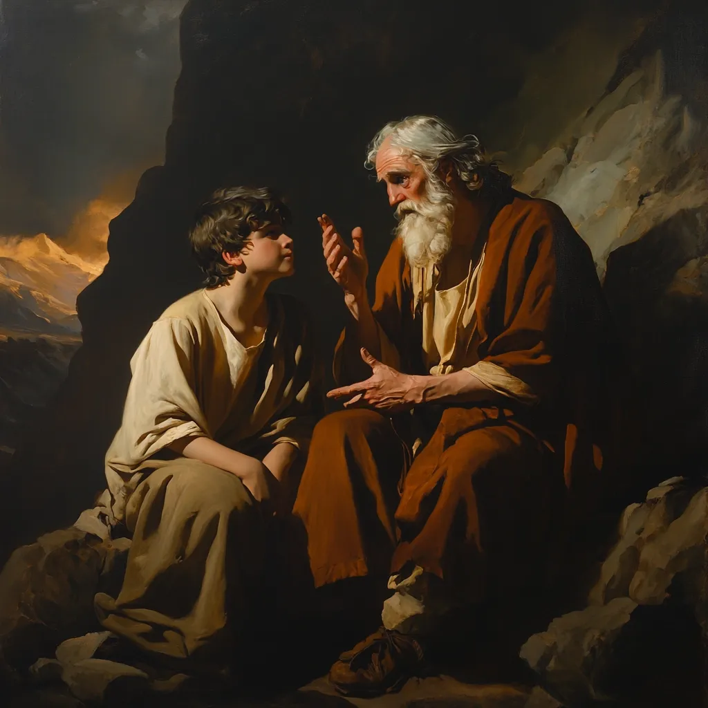 The painting depicts an elderly, bearded man in a brown robe seated next to a younger boy in a beige robe.  The older man gestures with his hands as he speaks, seemingly imparting wisdom or a story.  The setting is a rocky, mountainous landscape, bathed in a dramatic chiaroscuro lighting that emphasizes the figures. The scene suggests a moment of mentorship or spiritual guidance, evoking a sense of quiet contemplation and the passing of knowledge between generations. The dark background and the warm tones of the robes create a solemn and intimate atmosphere.