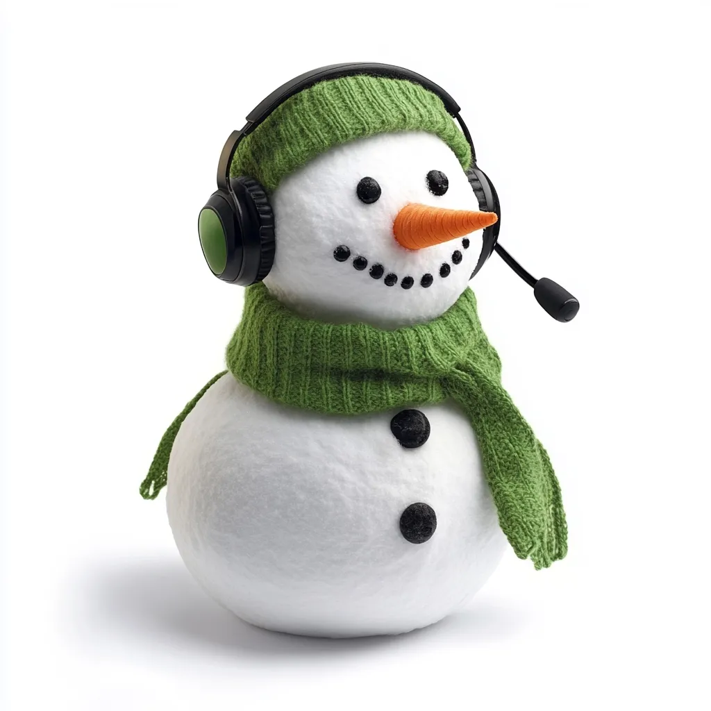 A cheerful snowman, adorned in a green knitted hat and scarf, wears black headphones with a microphone.  Its carrot nose and coal buttons add to its festive charm. The snowman is set against a stark white background, emphasizing its playful wintery appearance. The image suggests a holiday theme with a modern, technological twist.