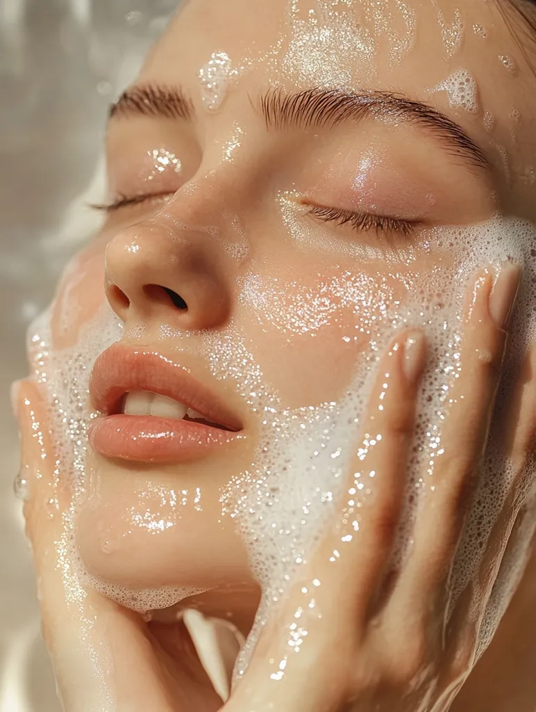 Close-up of a woman's face covered in rich, white lather.  Her eyes are closed, suggesting relaxation. The foam is textured and glistening, reflecting light. Her skin appears smooth and clean.  The overall image conveys a sense of calm and a luxurious skincare routine.  The soft lighting enhances the ethereal quality of the scene.