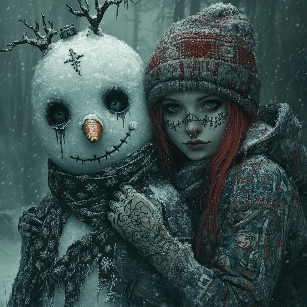A digital painting depicts a young woman with vibrant red hair and intricate facial tattoos embracing a disturbingly realistic snowman.  The snowman features stitched-on facial features, dark eyes, and a sinister expression.  Both figures are covered in snow, set against a dark, snowy forest backdrop. The overall aesthetic is dark, gothic, and slightly unsettling, blending elements of winter imagery with a macabre theme.  The woman's tattooed hands add to the gothic feel.