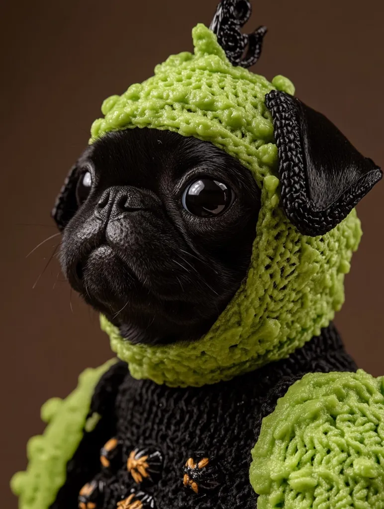 Here's a description of the image:

Close-up view of a black pug puppy wearing a meticulously crafted costume. The costume appears to be knitted or crocheted, featuring a lime green, textured hood resembling a creature's head, and a darker, black, textured body piece adorned with small, round, golden-brown accents. The pug's large, expressive eyes are visible, adding to its adorable appearance. The background is a blurred, dark brown, providing a contrast to the bright green of the costume. The overall impression is one of playful sophistication and high-quality craftsmanship in the dog's attire.