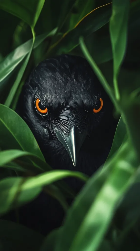 Here's a description of the image:

A close-up shot reveals a black bird, possibly a crow or raven, partially concealed within lush, vibrant green foliage.  Its intense orange eyes are clearly visible, staring directly at the viewer. The bird's black plumage is smooth and glossy, contrasting sharply with the bright green leaves. The background is blurred, focusing attention on the bird's piercing gaze and the interplay of dark and light. The overall mood is mysterious and intense.
