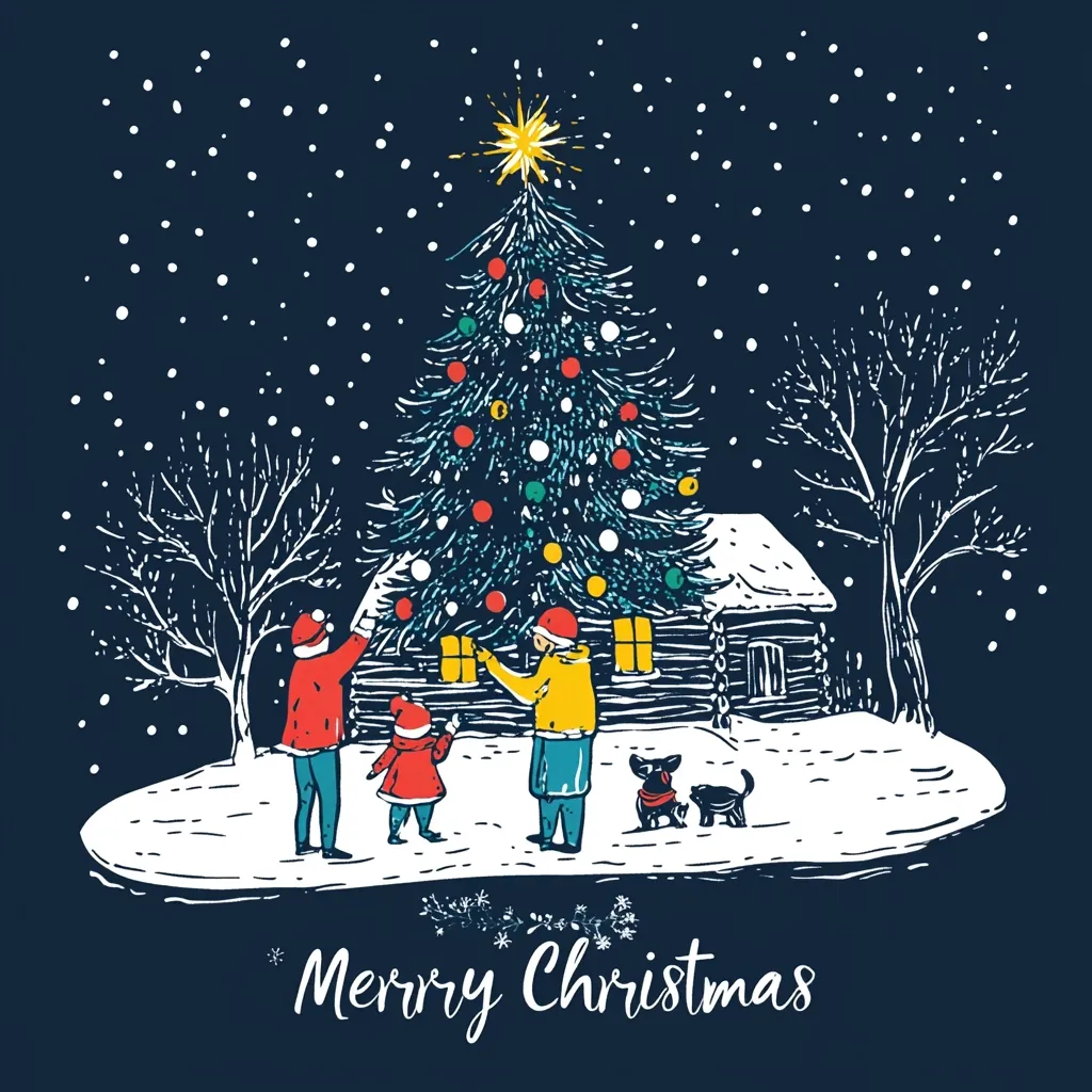 Here's a description of the image:

A charming Christmas illustration depicts a family decorating a large, ornate Christmas tree in front of a cozy log cabin.  Snow gently falls on a snowy landscape under a dark night sky dotted with stars. Two adults and a child hang ornaments on the tree, while a small child looks on.  Two dogs sit patiently nearby. The scene is rendered in a hand-drawn, vintage style with bold colors and simple lines.  The words "Merry Christmas" are displayed at the bottom, completing the festive scene.