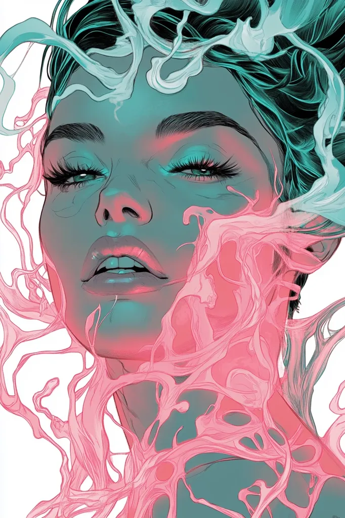 The illustration features a woman's face, rendered in a striking teal and pink color palette. Her eyes are gently closed, and her expression is serene.  Her dark hair flows upwards, merging with abstract, swirling forms that resemble smoke or liquid, predominantly in shades of pale teal and vibrant pink. These organic, flowing shapes encircle her neck and shoulders, creating a visually captivating and surreal effect. The overall style is highly stylized and graphic, with a focus on linework and contrasting colors.