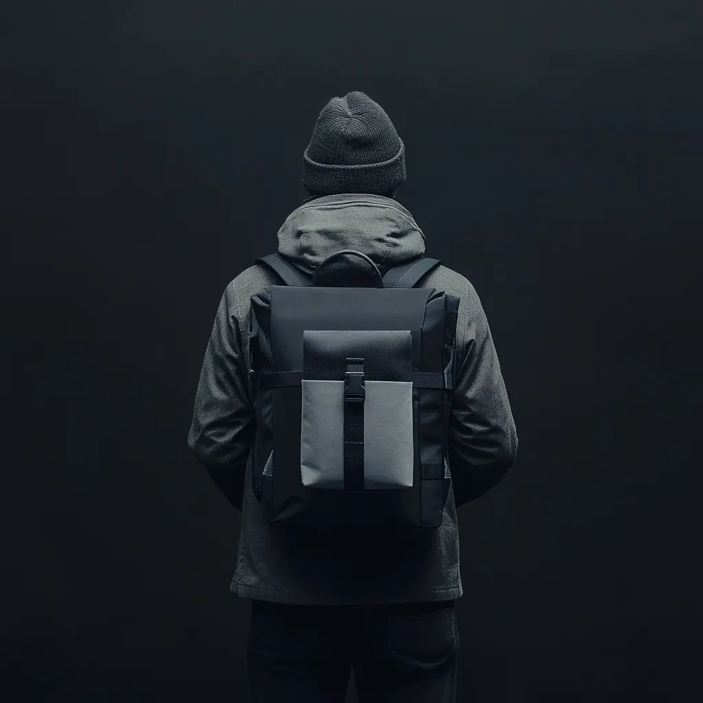 The image shows a person from behind, wearing a grey hooded jacket, a dark grey beanie, and dark pants.  They are carrying a black backpack with a distinctive grey accent panel. The backdrop is a solid, dark grey, providing a stark contrast to the figure and their attire. The overall style is minimalist and subtly stylish. The focus is on the backpack and the person's posture, suggesting a sense of travel or preparedness.