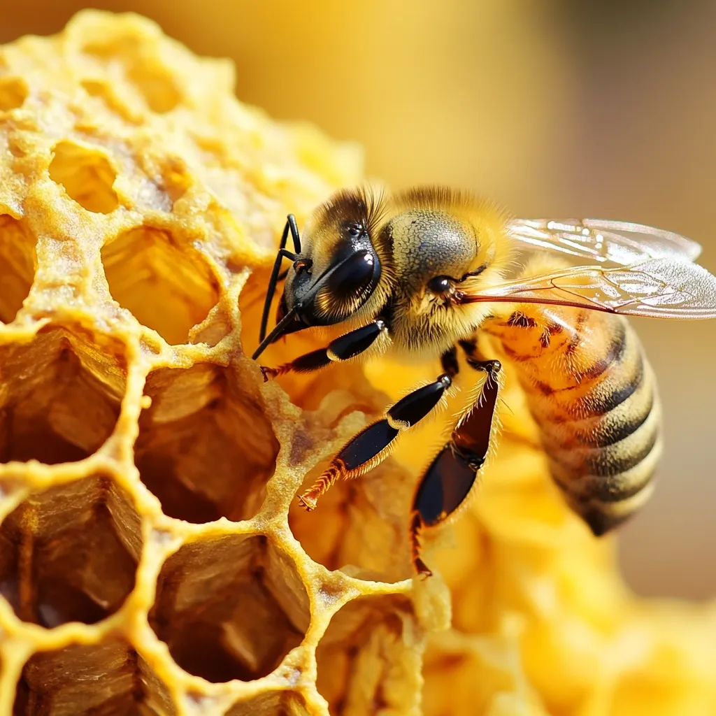 Here's a description of the image:

Close-up view of a honeybee perched on a honeycomb. The bee is in sharp focus, showcasing its fuzzy body, segmented legs, and translucent wings. Its body is a mix of dark brown and golden hues, with visible stripes on its abdomen. The honeycomb is a warm, golden yellow, with hexagonal cells clearly visible, some appearing empty and others possibly containing honey. The background is softly blurred, creating a shallow depth of field that emphasizes the bee and honeycomb. The overall image is bright and saturated, suggesting a sunny outdoor setting.  The image evokes themes of nature, pollination, and honey production.