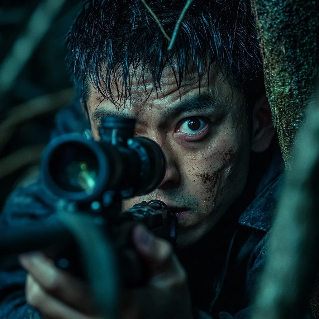 Here's a description of the image:

Close-up view of a man, appearing to be a soldier or sniper, intensely focused through the scope of a rifle. His face is partially obscured by the weapon, but his determined expression and dirt-streaked skin suggest a harsh environment and recent action.  The background is dark and blurry, indicating a camouflage setting within a forest or similar location. The overall mood is tense and suspenseful.  The image’s dark teal color palette enhances the dramatic effect.