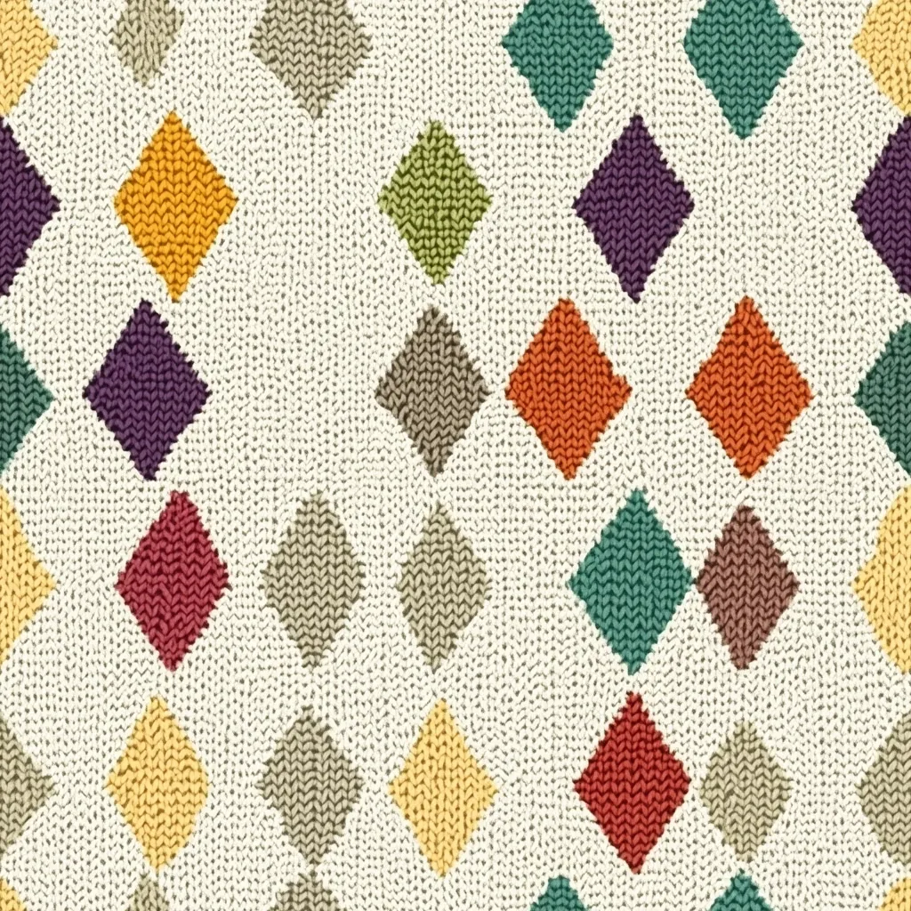 The image shows a seamless pattern of colorful knitted diamonds on a cream-colored background.  The diamonds are various muted pastel shades including orange, purple, teal, red, yellow, and beige.  The knit texture is clearly visible, giving the image a cozy, handmade feel.  The repeating diamond motif creates a visually appealing and textured design suitable for textiles or wallpaper.