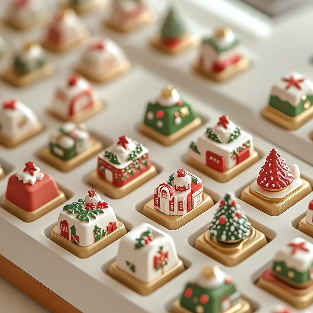 A close-up shot reveals a meticulously arranged collection of miniature Christmas-themed keycaps. Each keycap is intricately designed as a tiny festive house, tree, or gift, showcasing a vibrant palette of red, green, and white. They are neatly placed in gold-rimmed squares on a white tray, creating a visually appealing and charming holiday display. The scene evokes a sense of festive cheer and meticulous craftsmanship.