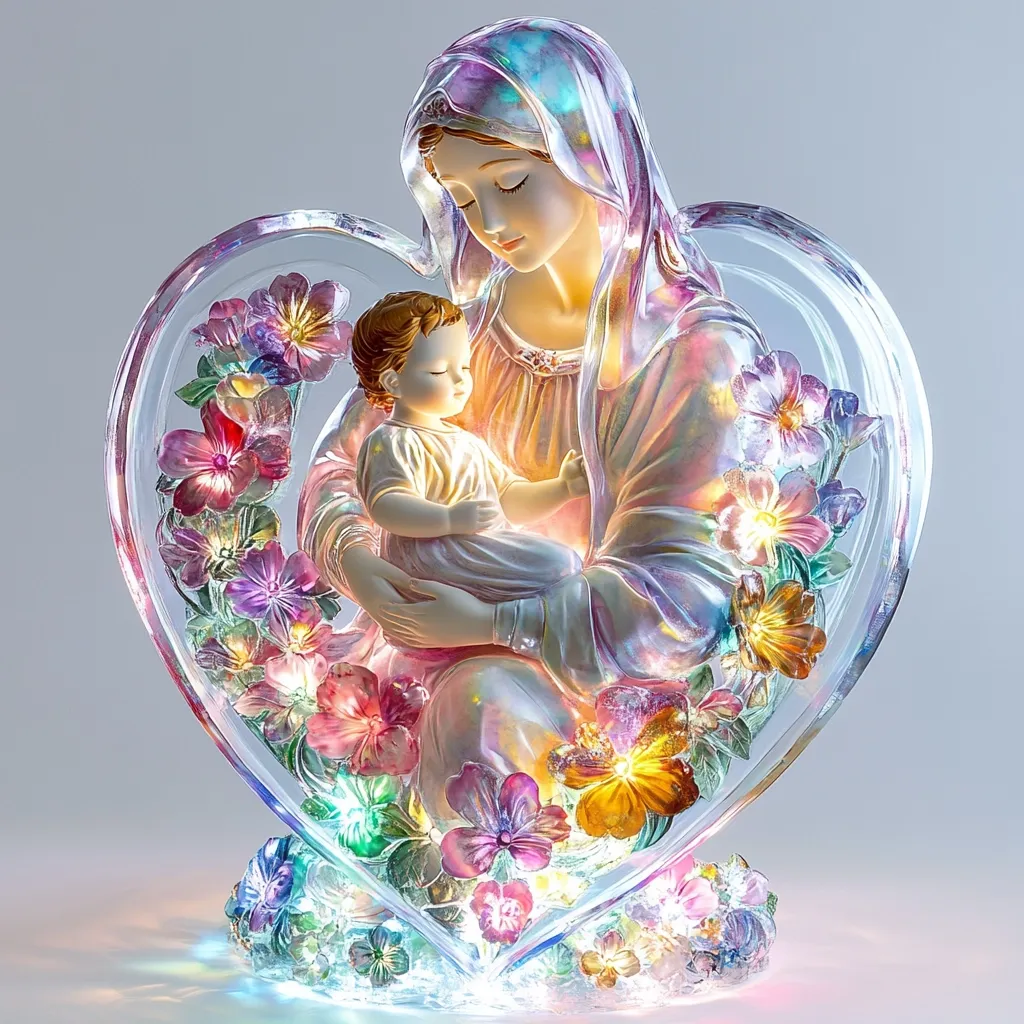 Here's a description of the image:

The image shows a luminous figurine of Mary, mother of Jesus, cradling the baby Jesus in her arms.  They are nestled within a heart-shaped frame adorned with sculpted flowers that illuminate with multi-colored LED lights.  Mary's robe shimmers with iridescent pastel hues, creating a soft, ethereal glow.  The overall effect is one of gentle serenity and religious devotion, presented as a decorative piece.  The base is also decorated with similar flowers and lights.