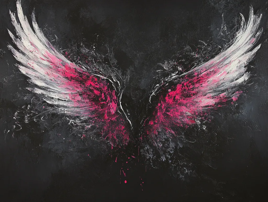 The artwork is an abstract painting depicting a pair of wings against a dark background. The wings are predominantly white and pink, with the pink concentrated near the center, creating a vibrant contrast against the dark canvas. The paint application is expressive, with visible brushstrokes and splatters giving a dynamic, almost energetic feel.  The overall impression is one of movement and powerful emotion, perhaps suggesting freedom, struggle, or transformation. The dark background enhances the dramatic effect of the brightly colored wings.