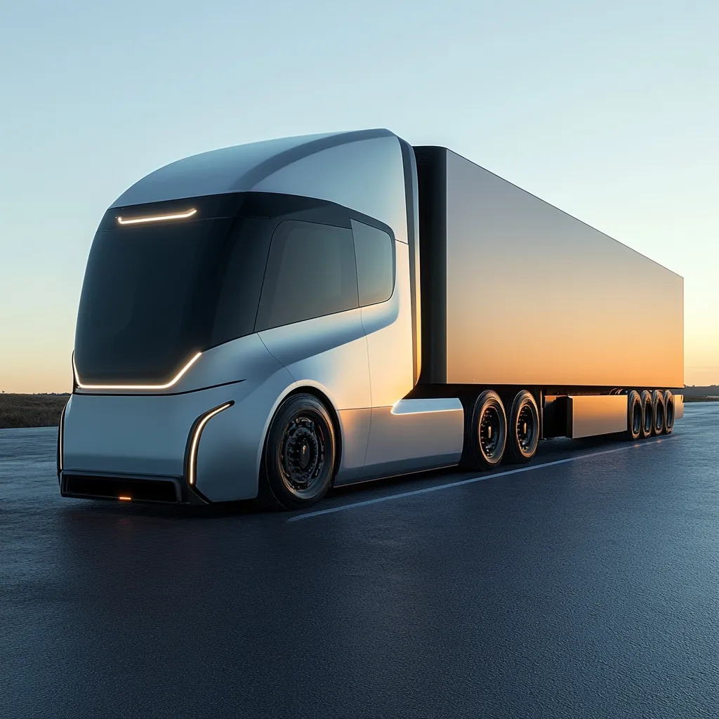 A sleek, futuristic semi-truck, predominantly silver with a dark gray trailer, travels along a dark asphalt road at sunset.  The truck's design is aerodynamic and modern, featuring LED lighting accents.  The setting sun casts a warm glow on the scene, highlighting the vehicle's clean lines and innovative aesthetic. The image suggests a vision of clean energy and advanced transportation technology.