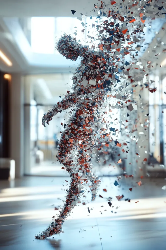 The image depicts a human-like figure in motion, seemingly disintegrating into a cloud of fragmented, geometric shapes. The figure is rendered in shades of grey, white, and rusty orange, with the particles trailing behind it like a dynamic, three-dimensional trail. The background is a blurred modern interior space, suggesting an environment of stark contrasts between stability and disintegration. The overall effect is one of transformation, decay, or perhaps the transition between physical and digital realms.