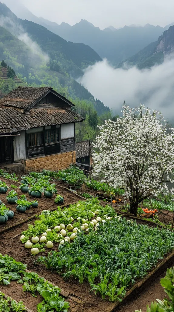 A rustic farmhouse with a tiled roof sits on a terraced hillside overlooking a misty mountain valley.  A meticulously cultivated garden stretches below the house, showcasing rows of various vegetables, including gourds and leafy greens.  A blossoming white tree adds a touch of springtime beauty to the scene, completing the picturesque rural setting.  The overall impression is one of serene tranquility and self-sufficiency in a breathtaking natural landscape.