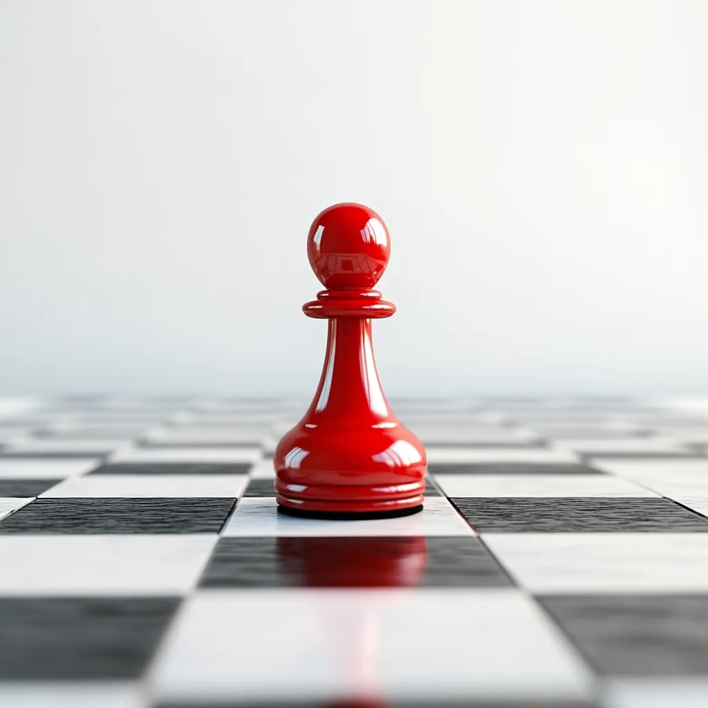 A single, vibrant red chess pawn stands prominently on a stark black and white chessboard.  The pawn's smooth, glossy surface reflects light, creating a striking contrast against the matte finish of the board. The background is a simple, unblemished white wall, drawing all attention to the pawn's isolated position. The image evokes themes of strategy, beginnings, or standing alone.