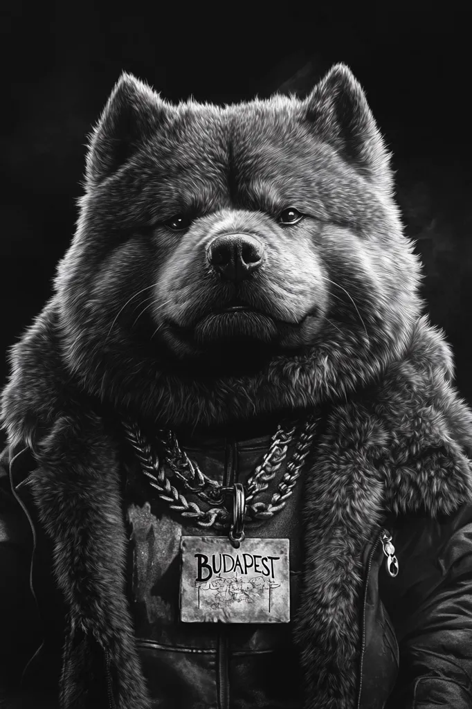 Here's a description of the image:

The monochromatic artwork depicts a Chow Chow dog, rendered in a photorealistic style.  The dog is centrally positioned, wearing a thick fur-lined leather jacket and a large, ornate gold chain necklace with a pendant that reads "Budapest." Its expression is serious and direct, creating a powerful and somewhat intimidating image.  The background is dark and indistinct, emphasizing the dog as the focal point.  The overall style combines elements of realism with a stylized, almost gangster-like aesthetic.