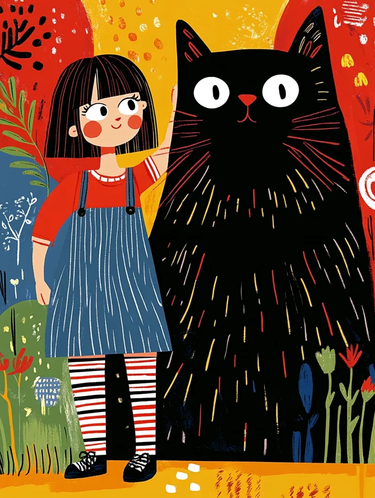 A girl with bobbed black hair, wearing a red shirt and denim overalls with striped socks, stands next to a large, stylized black cat.  The illustration is done in a bold, graphic style with vibrant colors and textured brushstrokes.  The background features abstract shapes and foliage, creating a whimsical, slightly surreal atmosphere. The girl gently touches the cat, suggesting a friendly relationship between the two. The overall style evokes a playful and childlike charm.