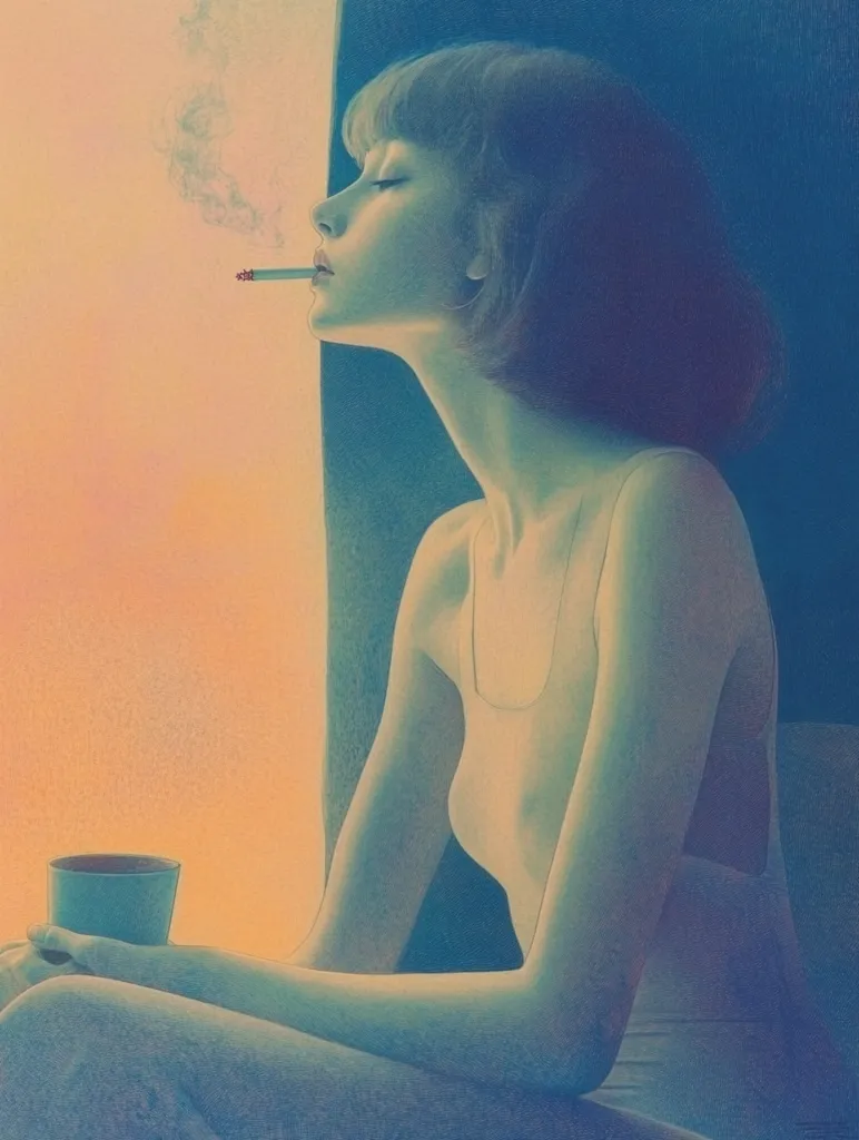 Here's a description of the image:

The artwork depicts a young woman with a bob haircut, seated and gazing pensively out a window. She holds a small cup in one hand and a lit cigarette in the other, the smoke subtly curling upwards. The woman wears a simple, light-colored camisole. The color palette is muted, predominantly teal and warm peach tones, creating a serene yet melancholic atmosphere. The style is realistic, with a focus on soft shading and subtle details, giving the piece a dreamy, almost nostalgic feel. The background is blurred, focusing attention on the figure.