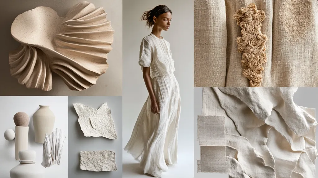 This image is a mood board showcasing a neutral color palette of creams and off-whites.  It features various textures:  sculptural ceramic pieces with pleated and swirling forms, rough and smooth linen fabrics, and textured paper samples. A model wearing a flowing, off-white dress is centrally positioned, complementing the overall aesthetic of understated elegance and natural materials. The board suggests a design concept focused on simplicity and tactile appeal.