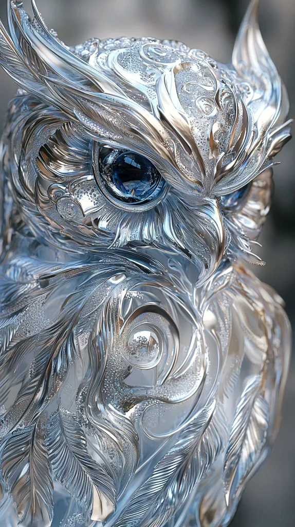Here's a description of the image:

The image showcases a meticulously detailed, three-dimensional rendering of an owl.  Its form is intricately sculpted to resemble a piece of ornate, silvery metal or glass, with a highly polished finish.  The owl's feathers are depicted with flowing, almost liquid-like detail, and its large, captivating blue eyes stand out against the metallic sheen.  The overall aesthetic is one of elegance and precision, suggesting a highly skilled artistic creation.  A subtle textured effect, like tiny droplets or frost, is visible across the entire surface.