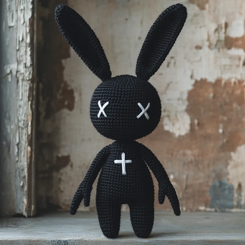 Here's a description of the image:

The photo shows a black crocheted rabbit toy standing on a weathered gray surface.  The rabbit has long ears, a round head, and a simple, somewhat gothic design.  Its eyes are marked with white X's, and a white cross is embroidered on its chest. The background is a blurred rustic wall with peeling paint, providing a contrast to the sharp details of the amigurumi. The overall aesthetic is dark, slightly spooky, and handcrafted.