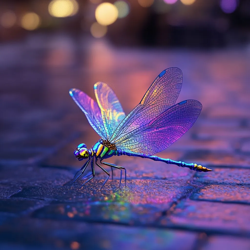 A vibrant, iridescent dragonfly rests on a dark, wet cobblestone surface. Its wings shimmer with a spectrum of purple, blue, and green hues, reflecting the blurred, colorful lights in the background. The dragonfly's body is a metallic green and blue, contrasting beautifully with its translucent wings. The overall scene evokes a sense of magic and tranquility, enhanced by the soft, out-of-focus background.